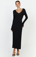 Astra Maxi Dress - V Neck Long Sleeve Knit Dress in Black