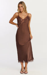 Ava Midi Dress - Lace Trim Scallop Hem Camisole Dress in Chocolate
