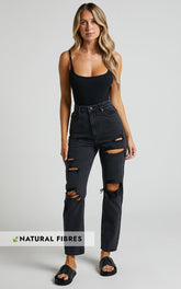Billie Jeans - High Waisted Cotton Distressed Mom Denim Jeans in Black Wash