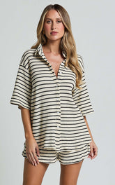 Dylan Two Piece Set - Striped Waffle Shirt and Short Set in Black & Cream Stripe