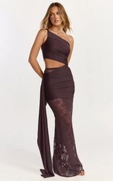 Ferguson Maxi Dress - One Shoulder Draped Jersey and Lace Dress in Chocolate