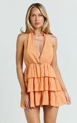 Heidi Mini Dress - Deep V Plunge Halter Neck Peplum Brooch Detail Fit And Flare Dress in Orange