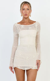 Hinata Mini Dress - Crochet Flared Sleeve Fit And Flare Dress in Ivory