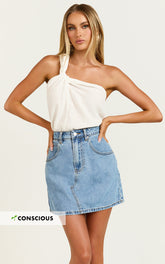 Jaden Mini Skirt - High Waisted Recycled Denim Mini Skirt in Mid Blue Wash