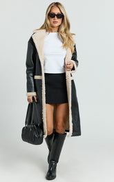 Jan Coat - Longline Faux Shearling Aviator Coat in Black