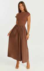 Jhamie Midi Dress - One Shoulder Contrast Skirt Dress in Chocolate