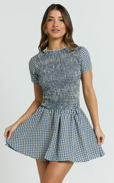 Kristen Mini Dress - Short Sleeve Smocked T-Shirt Dress in Navy