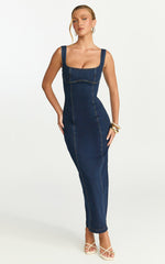 Kristie Midi Dress - Wide Neck Corset Detail Denim Dress in Dark Blue