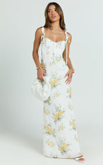 Mabel Maxi Dress - Georgette Frill Sleeve Sweetheart Bias Cut Dress in Antique Florals