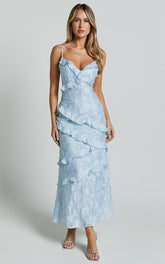 Michaela Midi Dress - Jacquard Ruffle Detail Tiered Dress in Light Blue