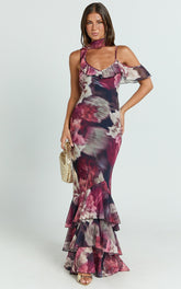 Riley Maxi Dress - Asymmetric Ruffle Detail Maxi Dress in Mariache Rose