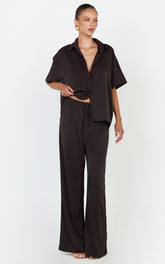 Robyn Pants - High Elastic Waist Relaxed Straight Leg Pants in Chocolate