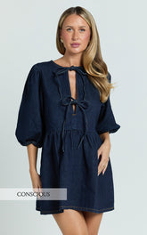 Shailene Mini Dress - Tie Front Puff Sleeve Recycled Denim Dress in Raw Indigo
