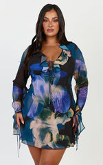 Solara Mini Dress - Long Sleeve Tie Front Dress in Midnight Resort Orchid Print