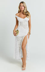 Tatum Midi Dress - Lace Off Shoulder Side Split Dress in Off White