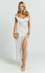 Tatum Midi Dress - Lace Off Shoulder Side Split Dress in Off White
