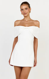 Thalia Mini Dress - Off Shoulder Bow Detail Dress in White