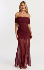 Alanna Maxi Dress - Off Shoulder Ruched Mesh Dress in Wine