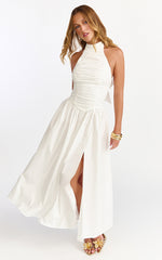 Anya Midi Dress - Halter Neck Ruched Drop Waist Dress in White