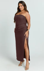 Avery Midi Dress - Strapless Draped Side Split Dress in Chocolate