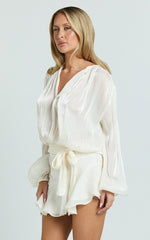 Carmela Mini Dress - Long Sleeve Tie Neck Ruffle Skirt Dress in Off White