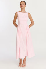 Casina Midi Dress - Boat Neck Tie Back Fit And Flare Dress in Pale Pink