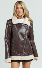 Claudette Jacket - Faux Leather Shearling Oversized Biker Jacket in Dark Chocolate