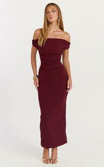 Lena Midi Dress - Off Shoulder Ruched Bodycon Dress in Wine