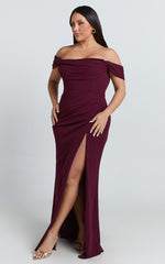 Marcel Maxi Dress - Off Shoulder Corset High Split Dress in Wine