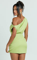 Niana Mini Dress - Drape One Shoulder Dress in Green