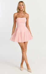 Penny Mini Dress - Strapless Corset Bodice Floral Embellished Godet Dress in Soft Pink