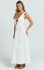Silvena Midi Dress - Plunge Neckline Tie Front A Line Dress in White